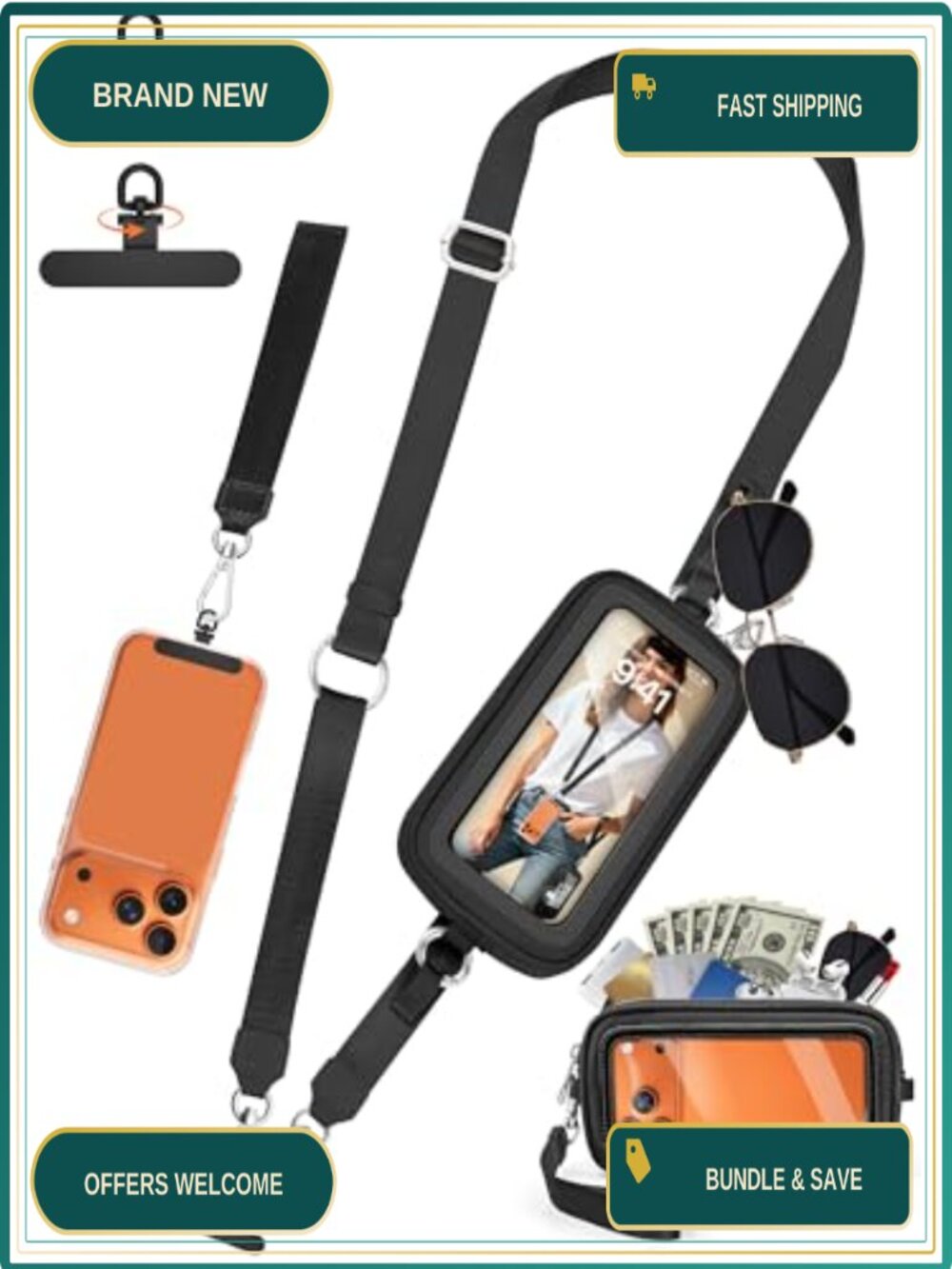 4-in-1 Crossbody Phone Lanyard Detachable RFID Wallet Wrist Strap Adjustable